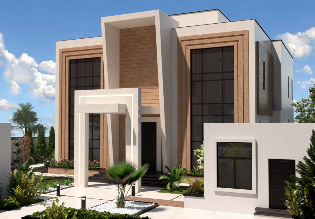 Modern luxury villa exterior featuring a bold geometric entrance with layered framing elements, large black-framed windows, and warm-toned vertical wall panels. The landscaping includes clean white stone paths, trimmed greenery, and palm accents, all contributing to a striking and elegant architectural presence.