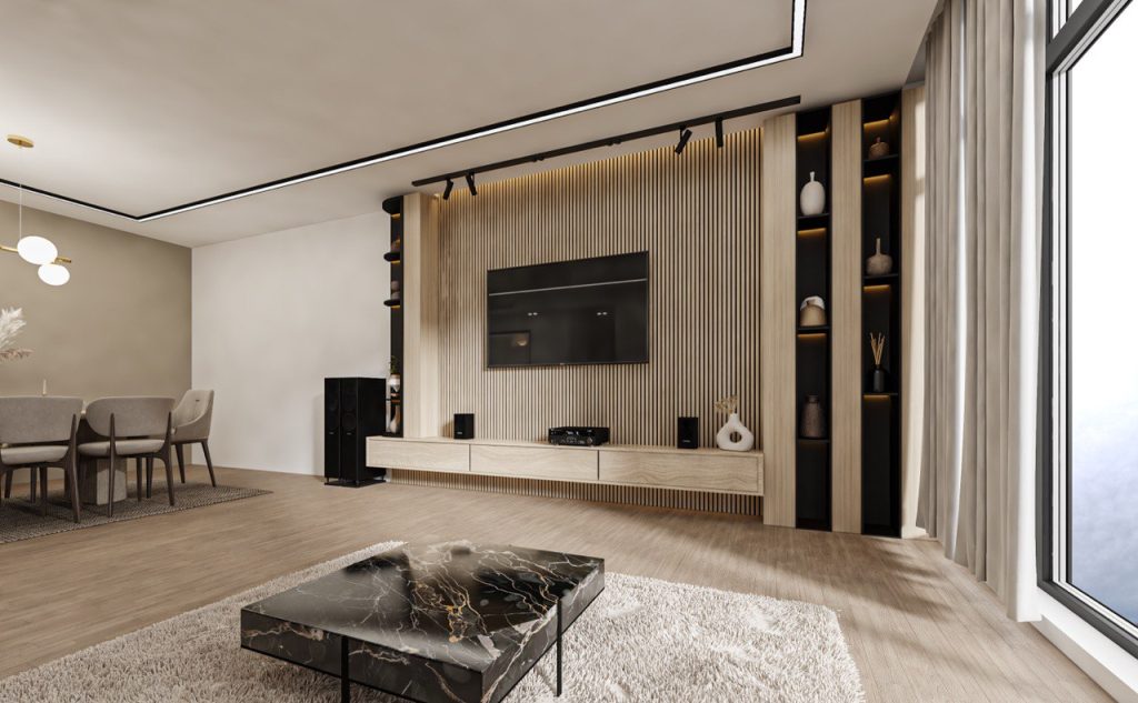 modern apartment design with large wood panel tv wall including modern furniture