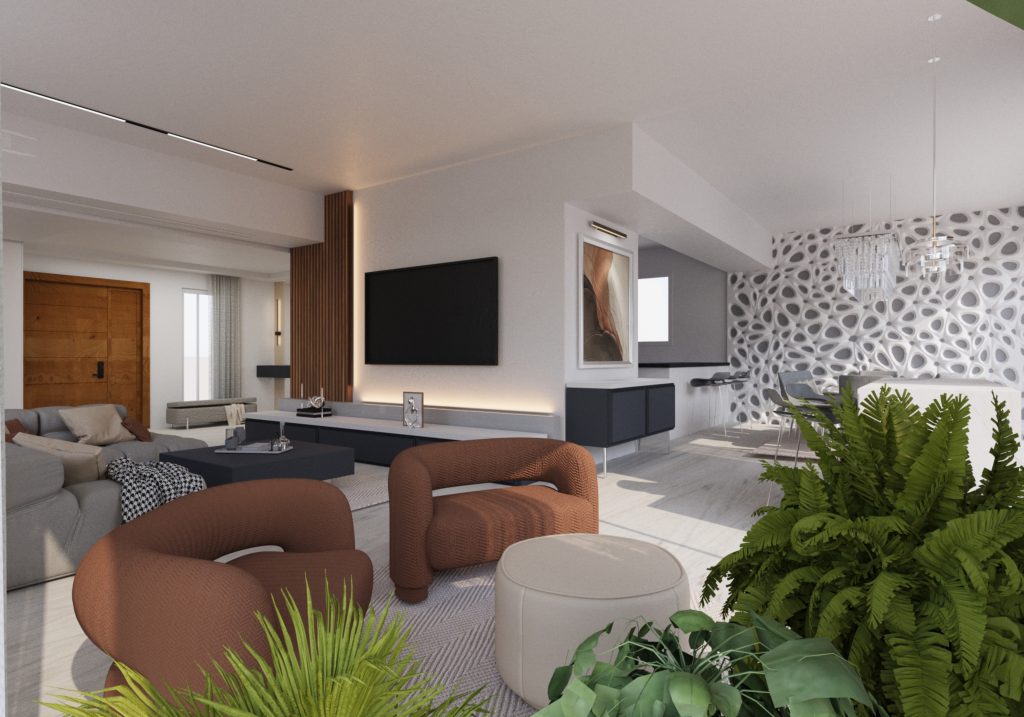 Luxury living room design featuring contemporary furniture with curved brown armchairs, a sleek sectional sofa, and a modern black coffee table. The space is enhanced by artistic wall treatments, integrated lighting, lush indoor plants, and a bold 3D accent wall near the dining area, creating a stylish and inviting open-concept layout.