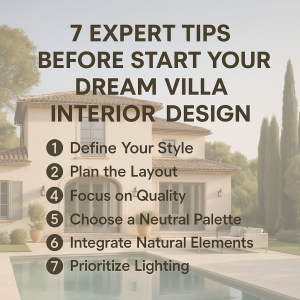 Luxury Mediterranean villa with pool and text overlay listing 7 expert tips for dream villa interior design, including style definition, layout planning, and lighting priorities.
