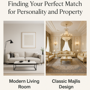 Comparison between modern and classic interior design styles, featuring side-by-side images of a sleek modern living room and an elegant classic majlis setup, highlighting key features and style tips.