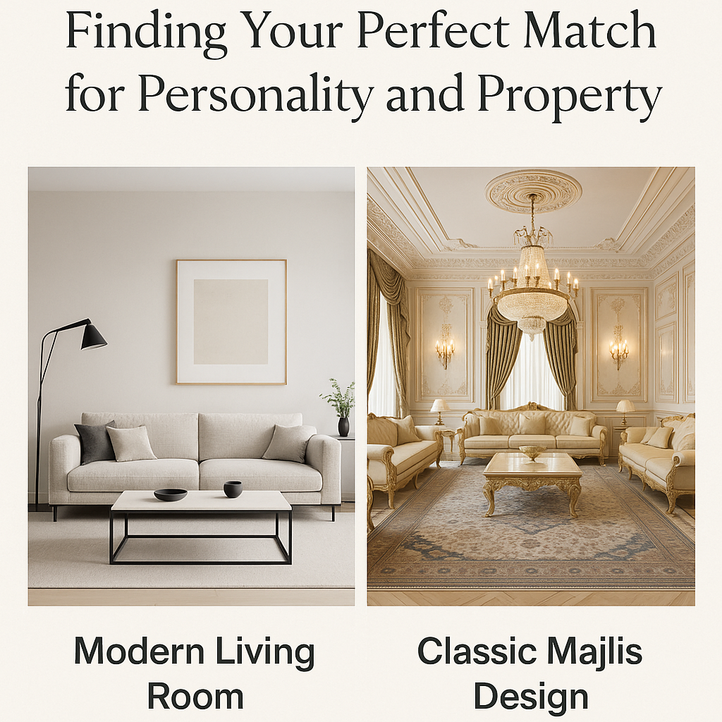Comparison between modern and classic interior design styles, featuring side-by-side images of a sleek modern living room and an elegant classic majlis setup, highlighting key features and style tips.